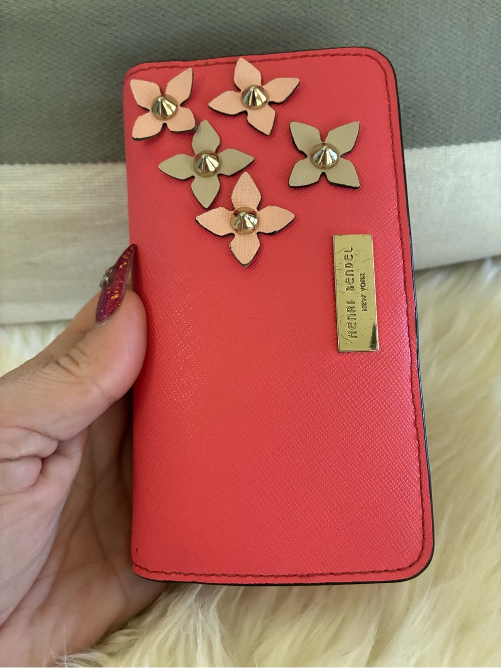 henri bendel coral pink floral applique wallet - Picture 2 of 16